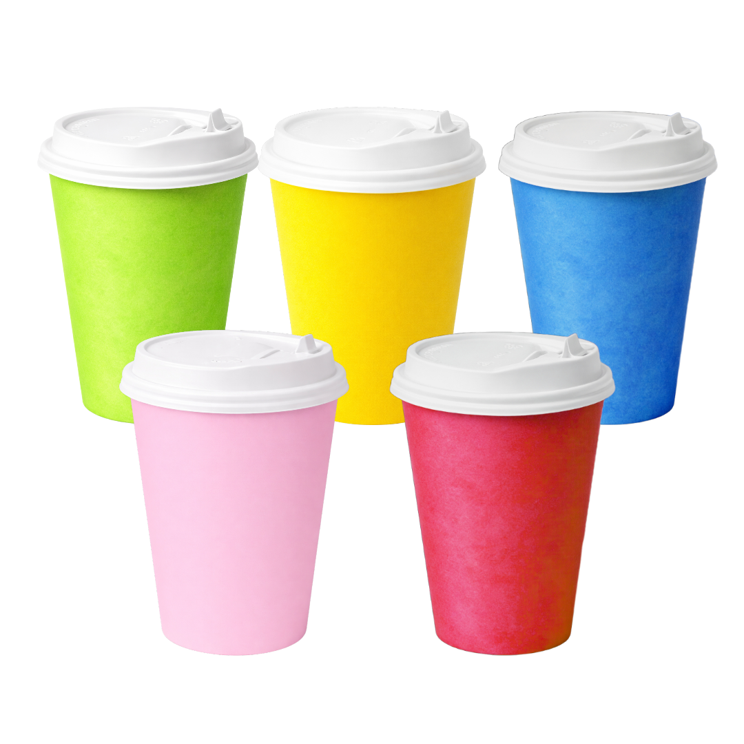 Vaso De Papel Encerado Colores 12oz Y Tapa Blanca 1000 pzas