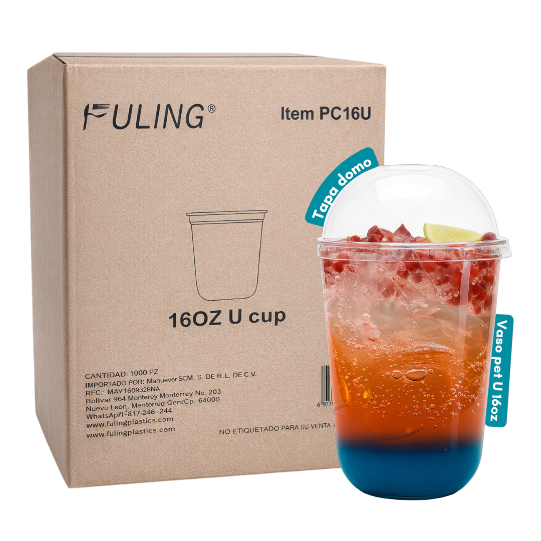 Vasos Pet U 16 Oz Para Bubble Tea Con Tapa Domo 1000pz